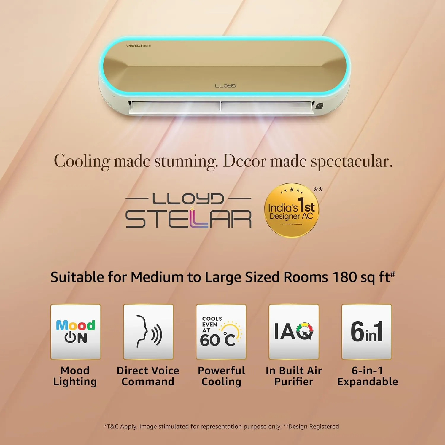 Lloyd Stellar GLS18V5FWGST 1.5 Ton 5 Star Wi-Fi Inverter Split AC (6 in 1 Expandable, Mood Lighting, In-Built Air Purifier, Direct Voice Command, Copper, White/Golden,  FREE INSTALLATION*)