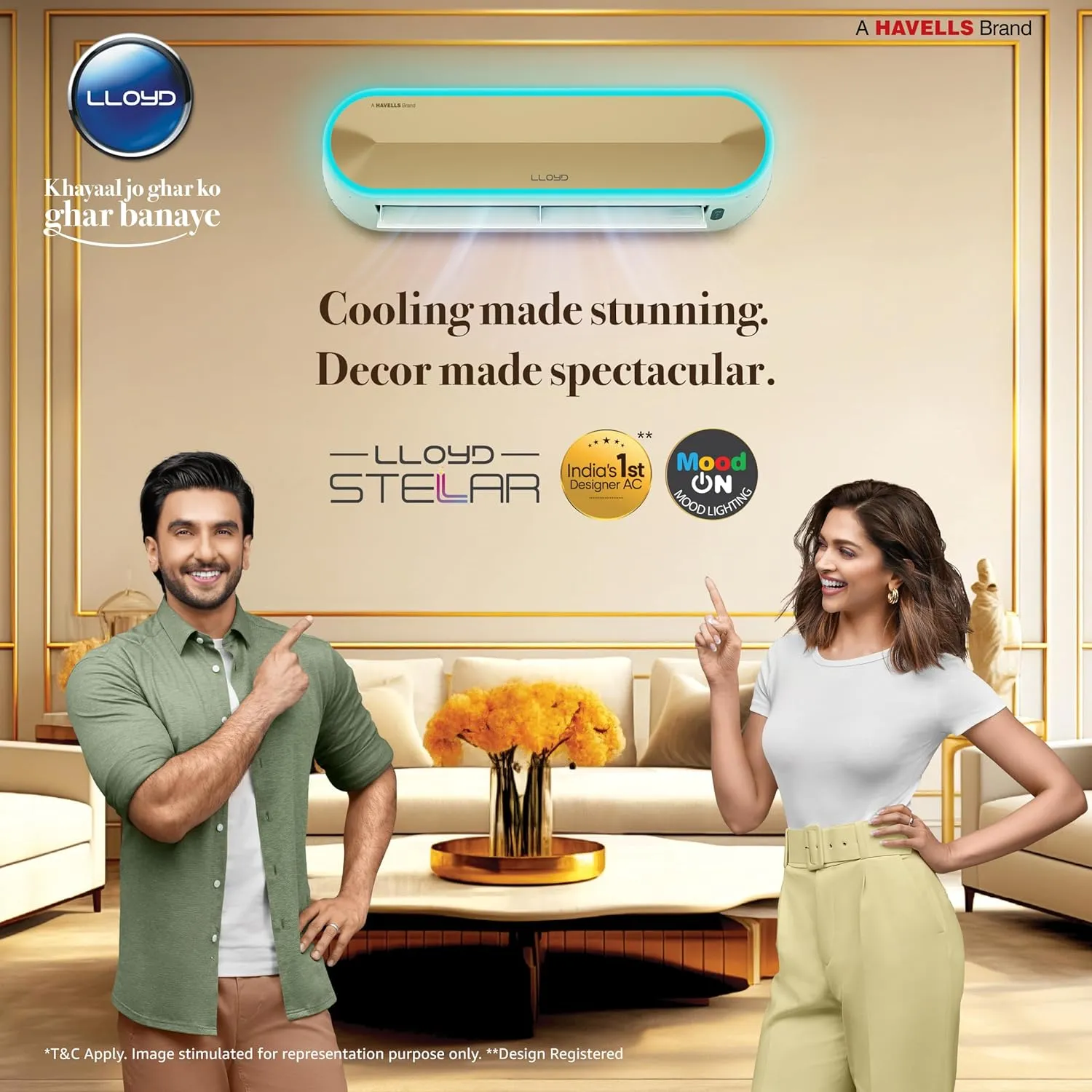 Lloyd Stellar GLS18V5FWGST 1.5 Ton 5 Star Wi-Fi Inverter Split AC (6 in 1 Expandable, Mood Lighting, In-Built Air Purifier, Direct Voice Command, Copper, White/Golden,  FREE INSTALLATION*)