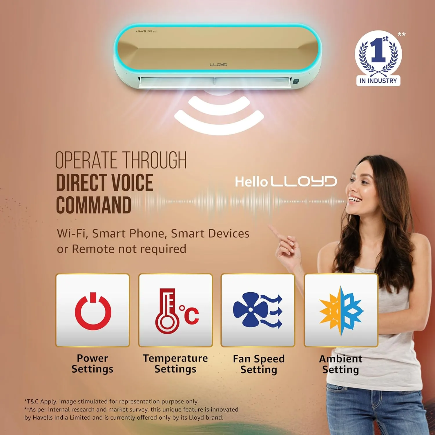 Lloyd Stellar GLS18V5FWGST 1.5 Ton 5 Star Wi-Fi Inverter Split AC (6 in 1 Expandable, Mood Lighting, In-Built Air Purifier, Direct Voice Command, Copper, White/Golden,  FREE INSTALLATION*)