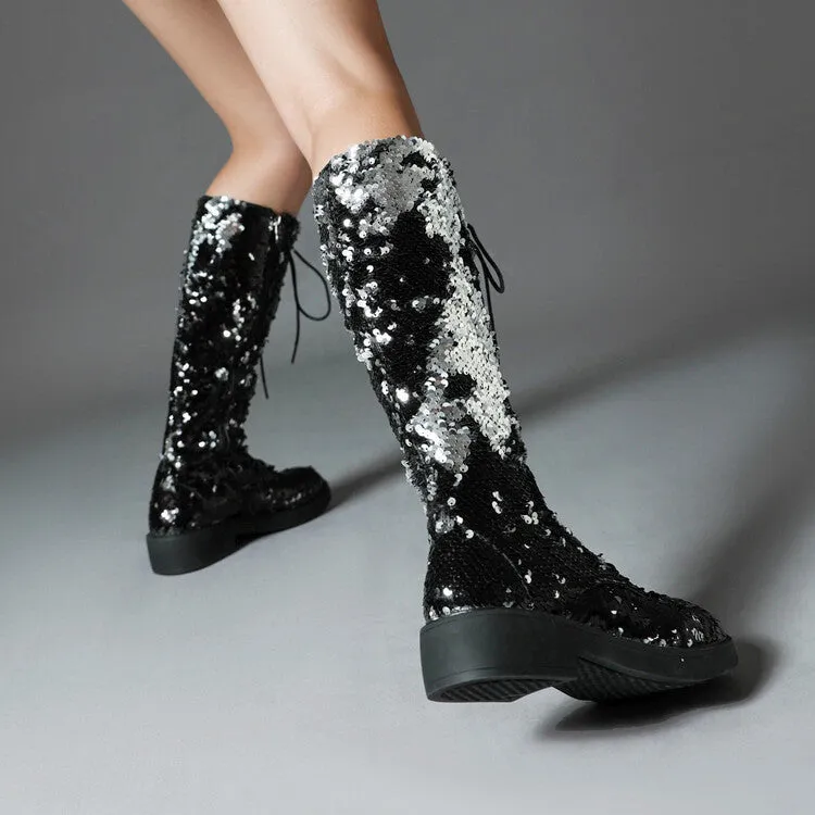 New Round-Toe Chunky Heel Fashion Glittering Straps Boots