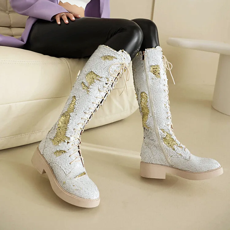 New Round-Toe Chunky Heel Fashion Glittering Straps Boots