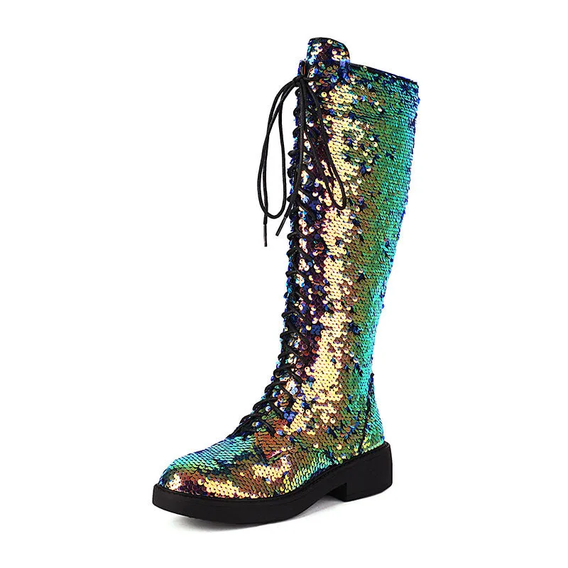 New Round-Toe Chunky Heel Fashion Glittering Straps Boots