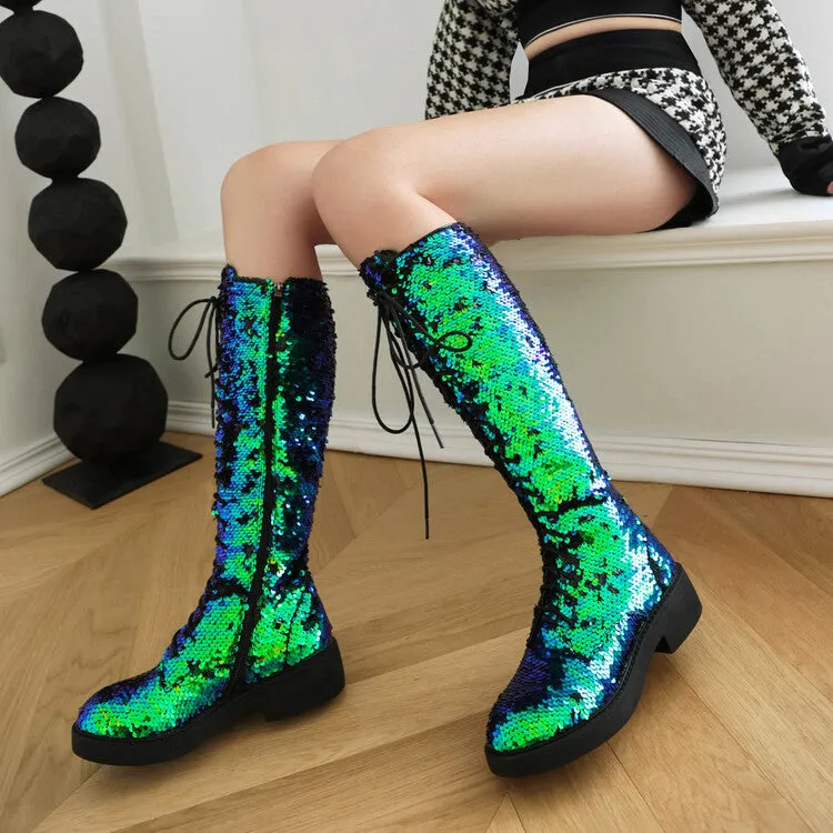 New Round-Toe Chunky Heel Fashion Glittering Straps Boots