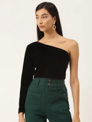 One Shoulder Black Velvet Top