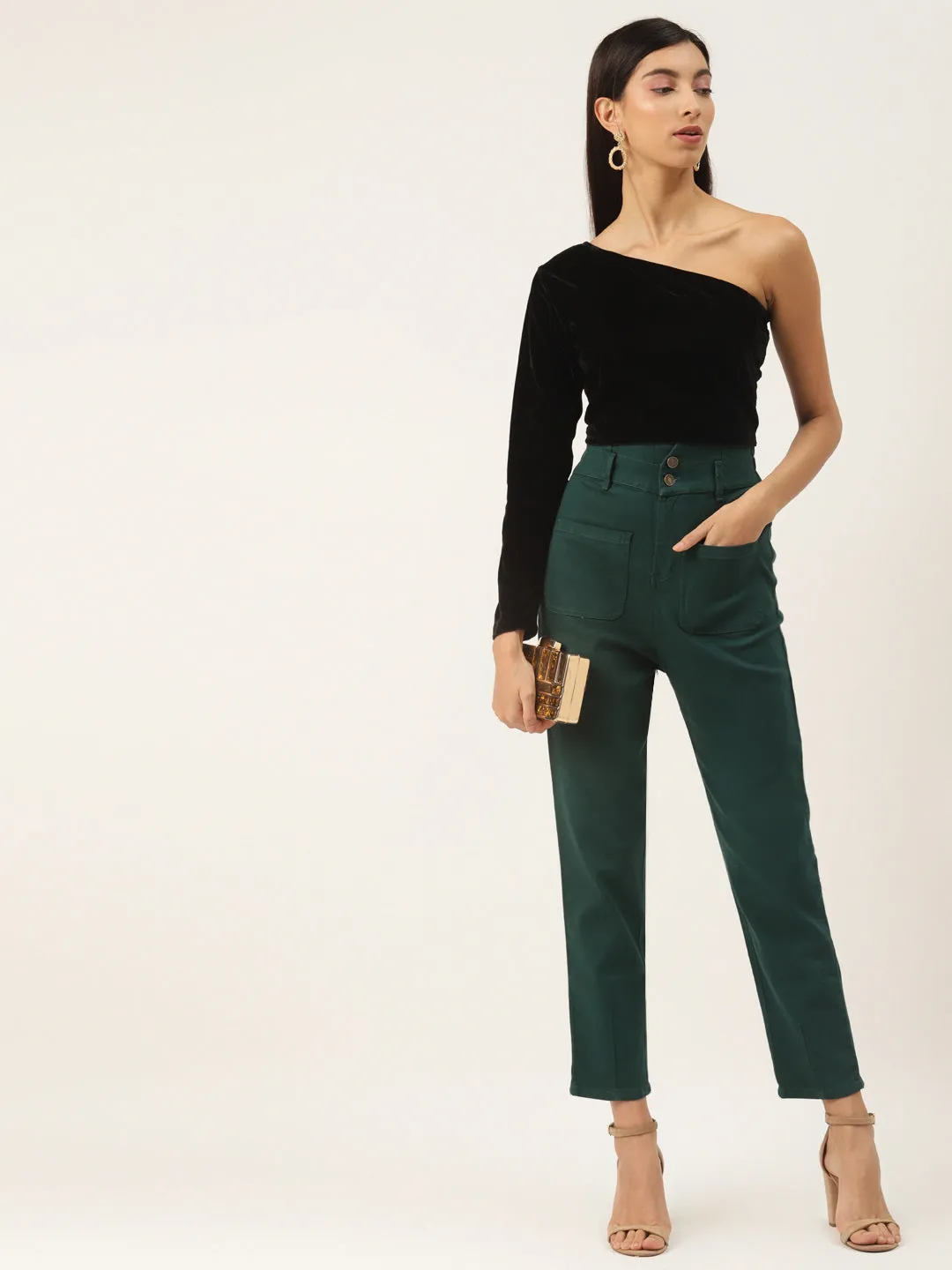 One Shoulder Black Velvet Top