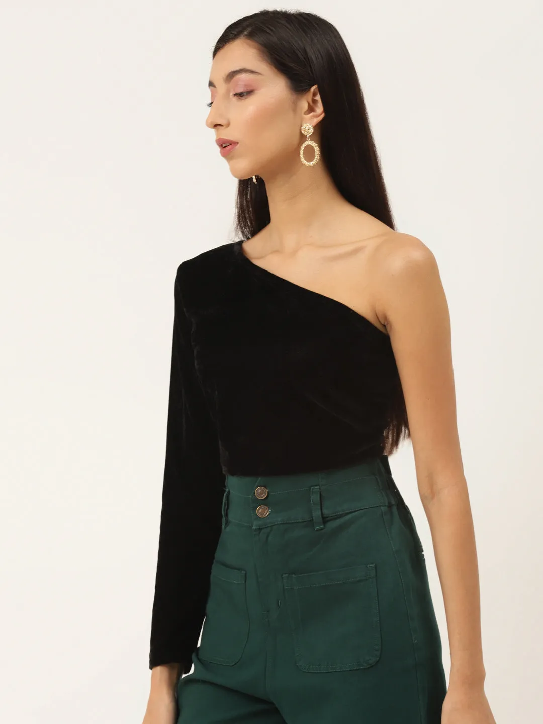 One Shoulder Black Velvet Top