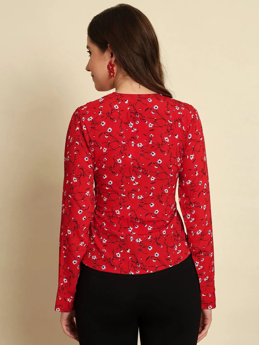 Red Floral Printed Wrap Style Top