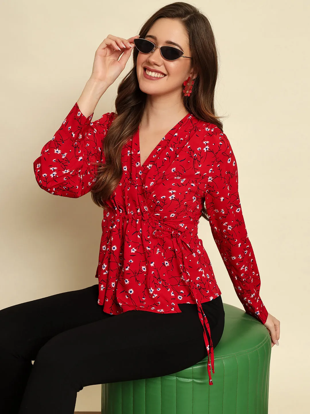 Red Floral Printed Wrap Style Top
