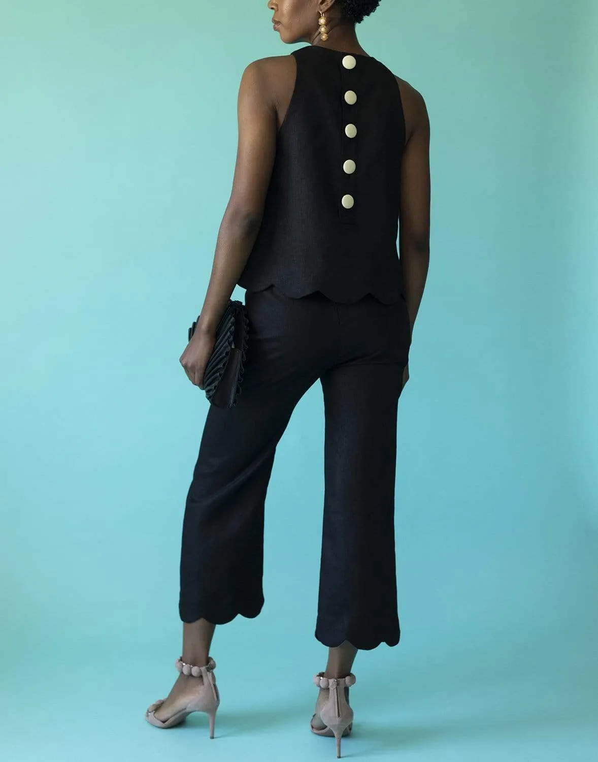 Scallop Black Linen Trapeze Top