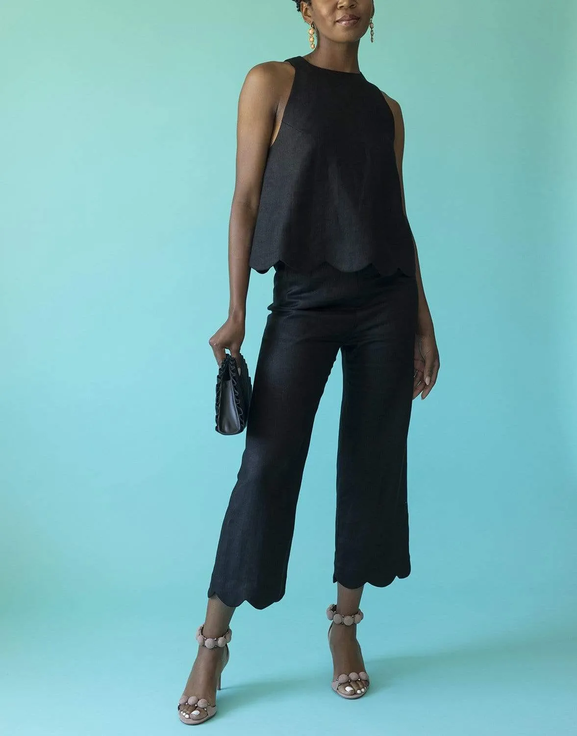Scallop Black Linen Trapeze Top