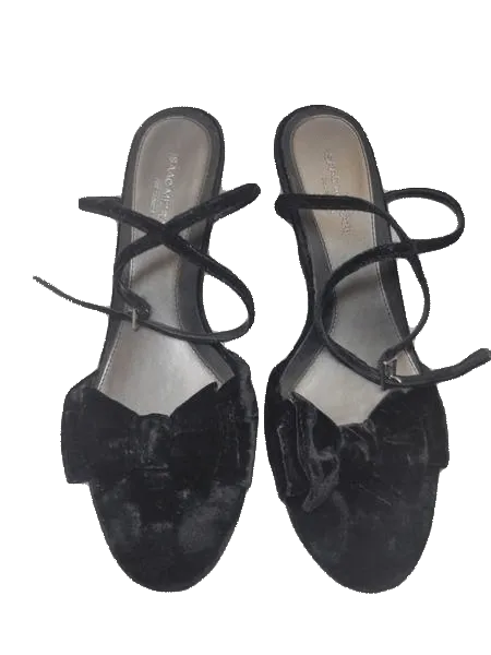 Shoes Black Velvet 5" Wedge Peep Toe Slides with Back Ankle Strap Size 9 SKU 000131