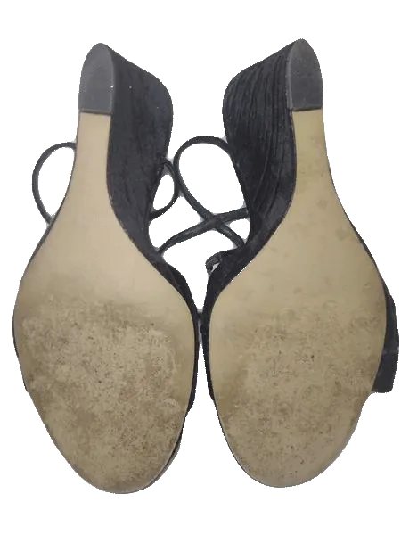 Shoes Black Velvet 5" Wedge Peep Toe Slides with Back Ankle Strap Size 9 SKU 000131