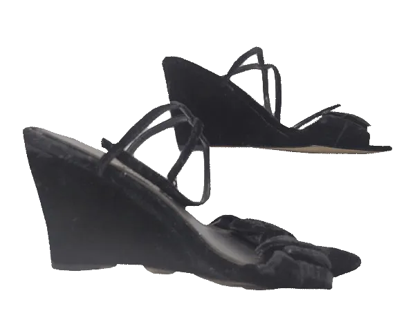 Shoes Black Velvet 5" Wedge Peep Toe Slides with Back Ankle Strap Size 9 SKU 000131