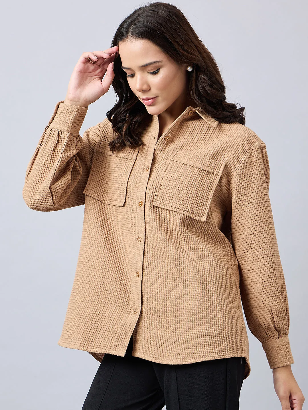 Style Quotient Women Solid Self Design Cotton Oversize Shirt