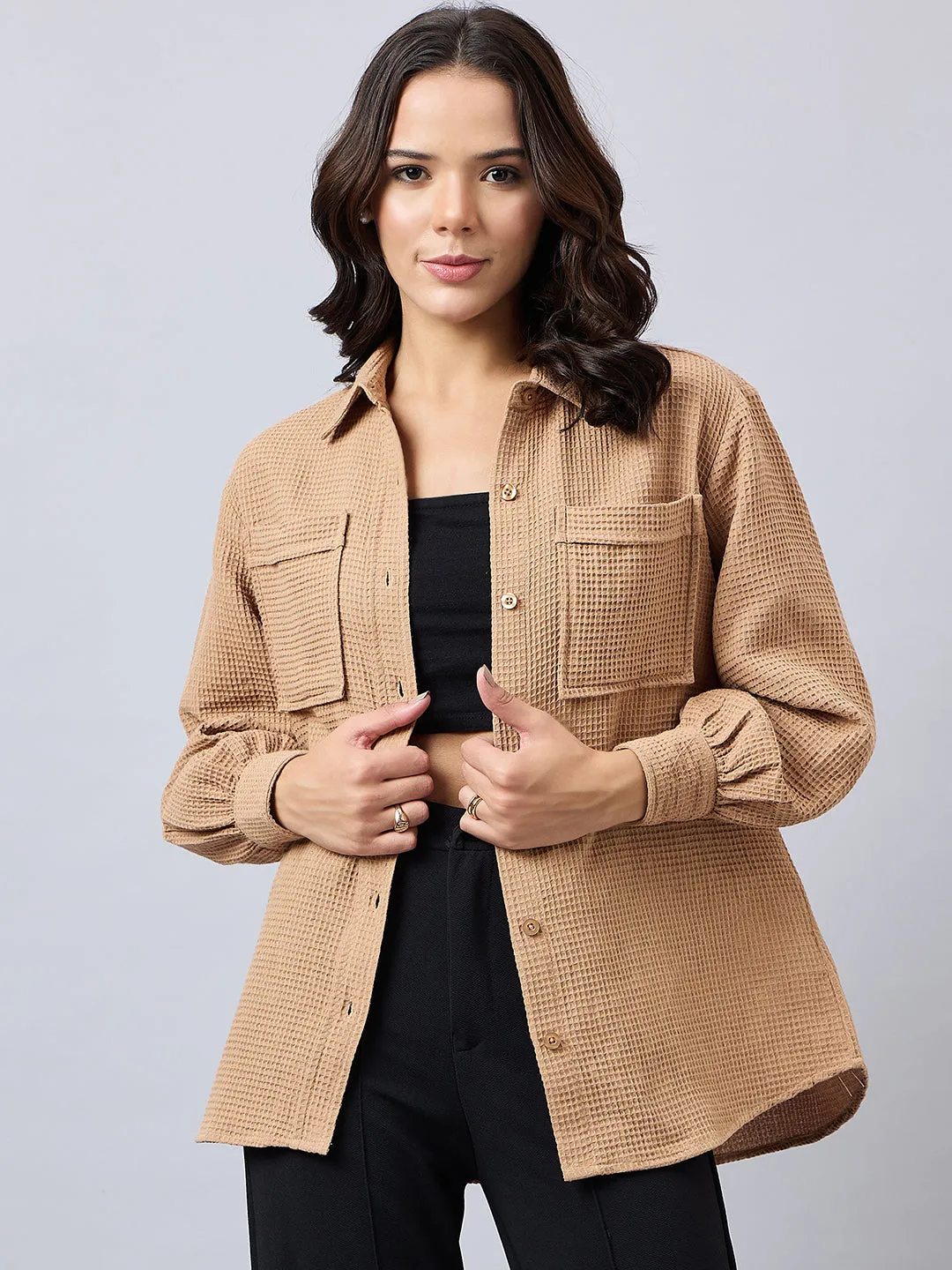 Style Quotient Women Solid Self Design Cotton Oversize Shirt