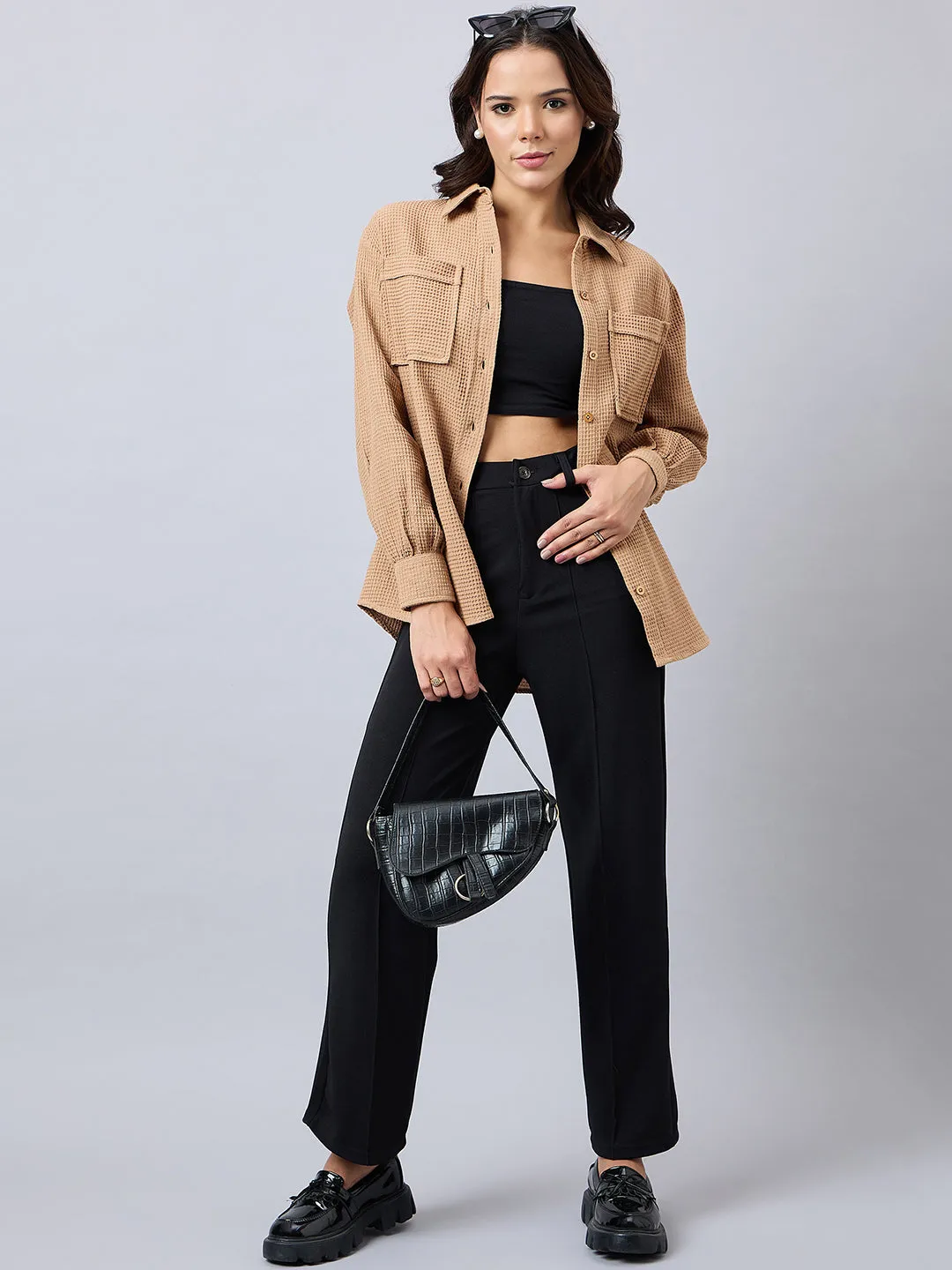 Style Quotient Women Solid Self Design Cotton Oversize Shirt