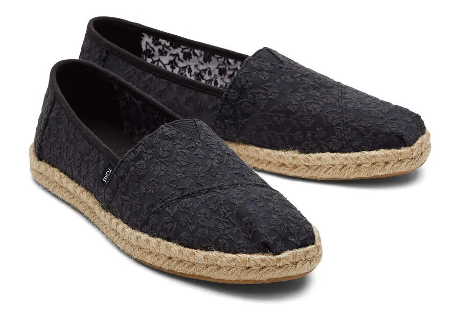 TOMS Womens Alpargata Floral Lace Rope Espadrille - Black