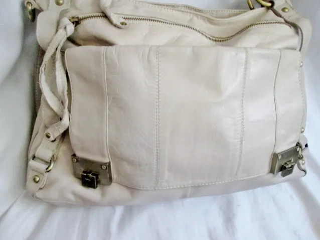 TOPSHOP GENUINE LEATHER satchel shoulder saddle bag tote WHITE CREME Briefcase