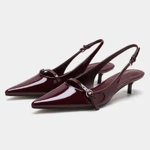 Wine Red Retro Pointed Slingback Mules Heels