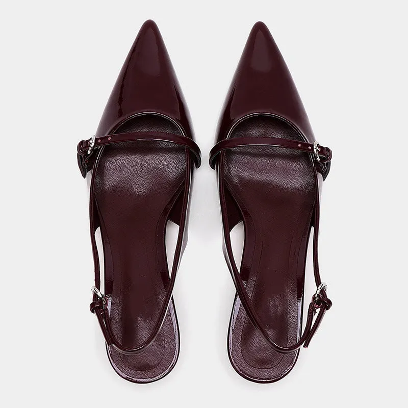 Wine Red Retro Pointed Slingback Mules Heels