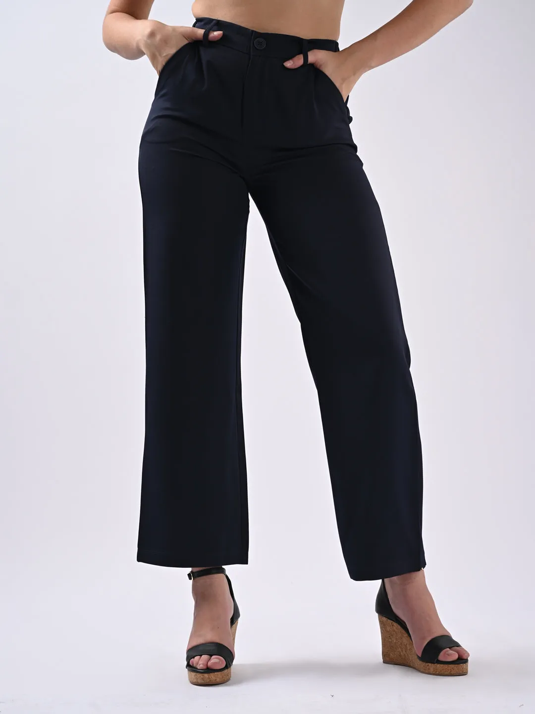 Women Navy Mid-Rise Wide Leg Trouser