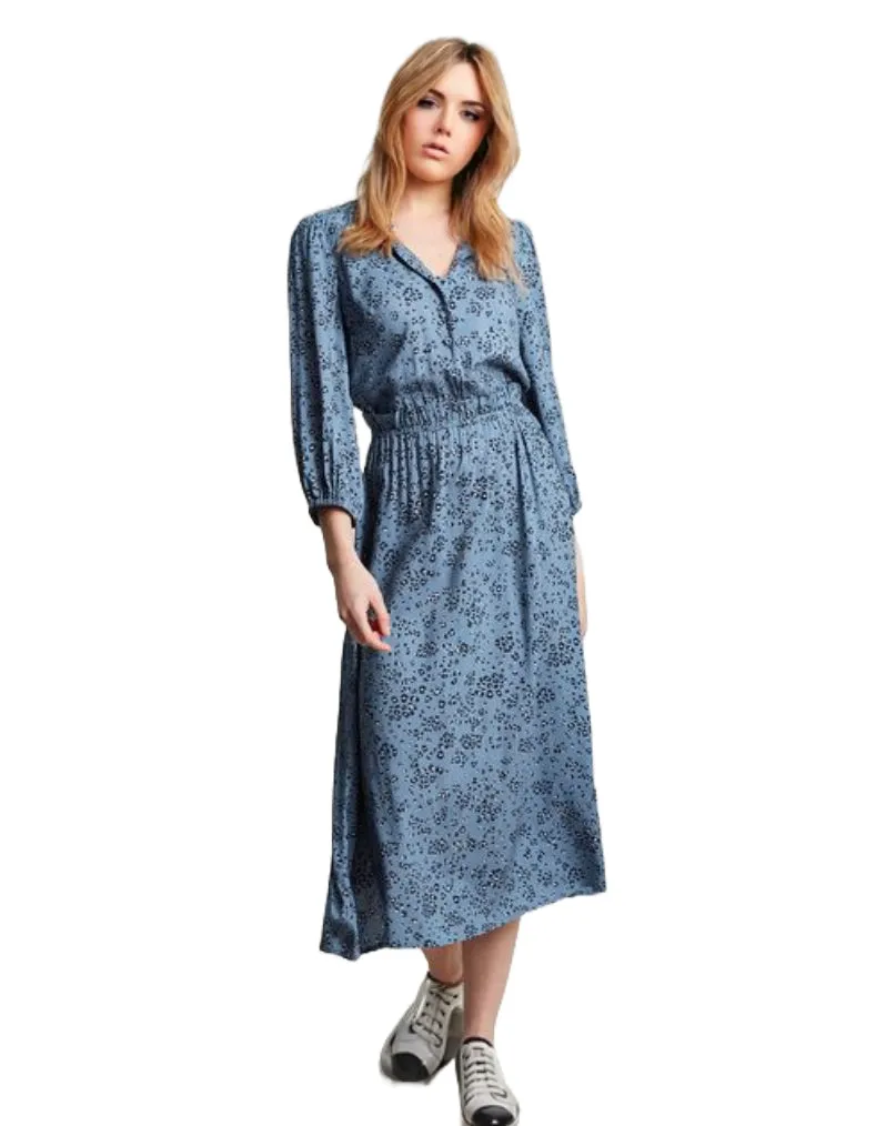 Women's Josie Frill Elasticated Waist Dress in Blue Spot