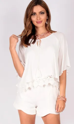 WV0151SS Bat Wing Shirt with Tassel Tie and Lace Detail (Pack)